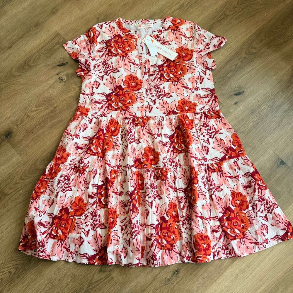 NWT JUDE CONNALLY Womens Large Red Orange Floral Tiered Cotton Mini Dress Size L